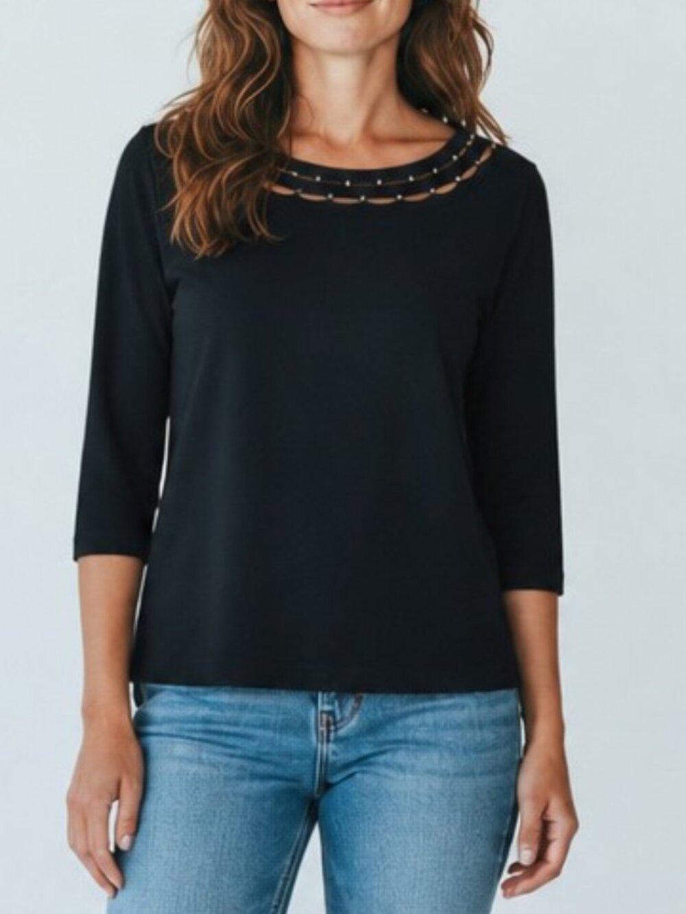 NWT Emma James Black Beaded Long Sleeve Pull-over Top